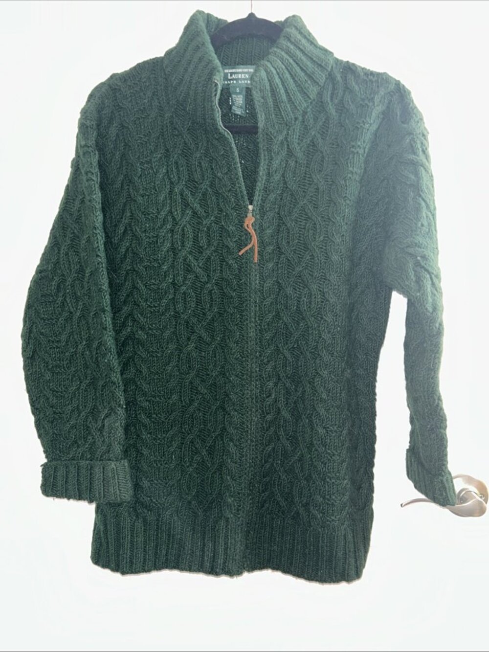 Vintage Hand Knitted For Ralph Lauren Sweater Small Green Wool Cardigan Full Zip